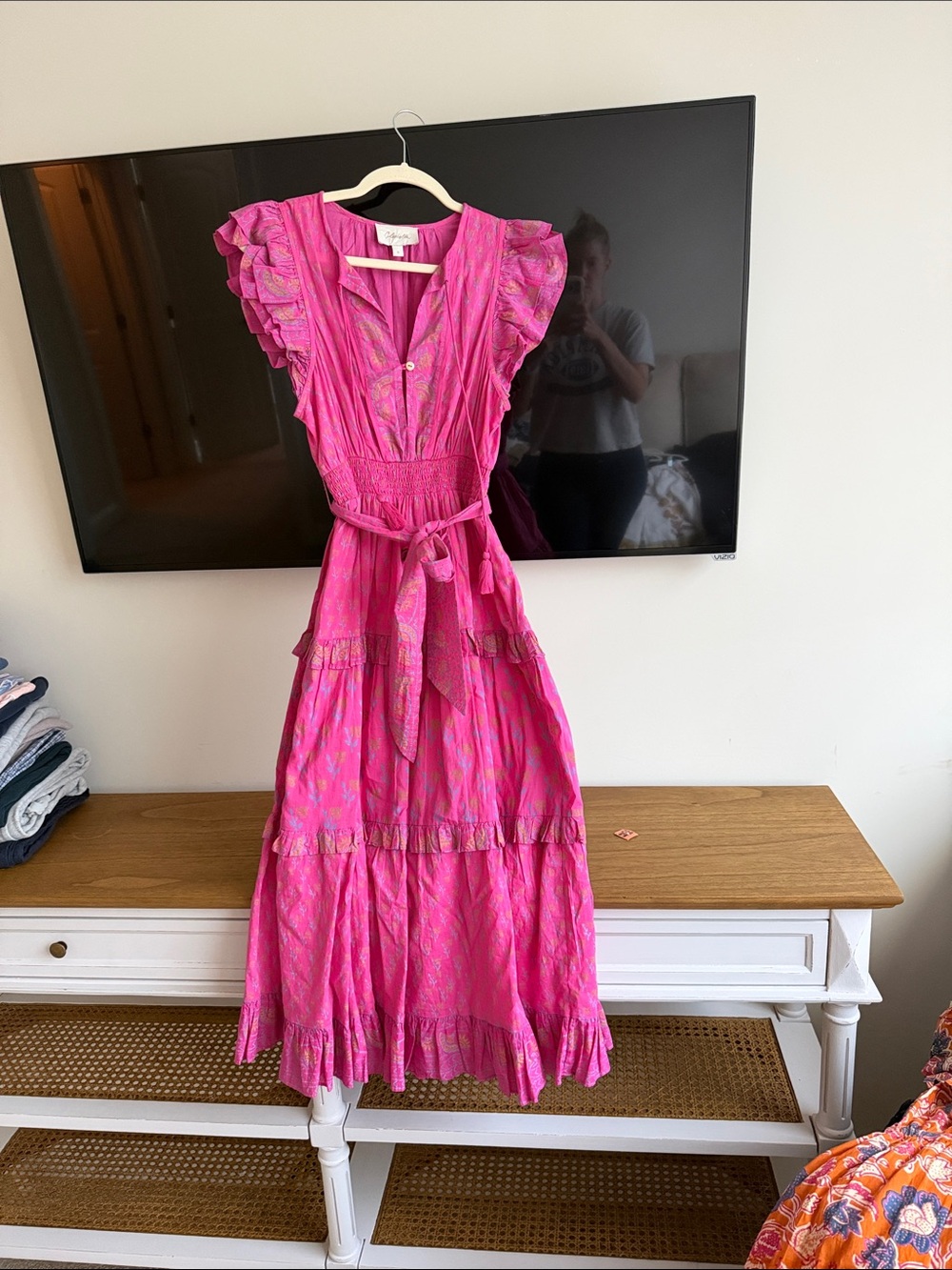 Cleobella Hot Pink Ruffled Sleeve Maxi Dress